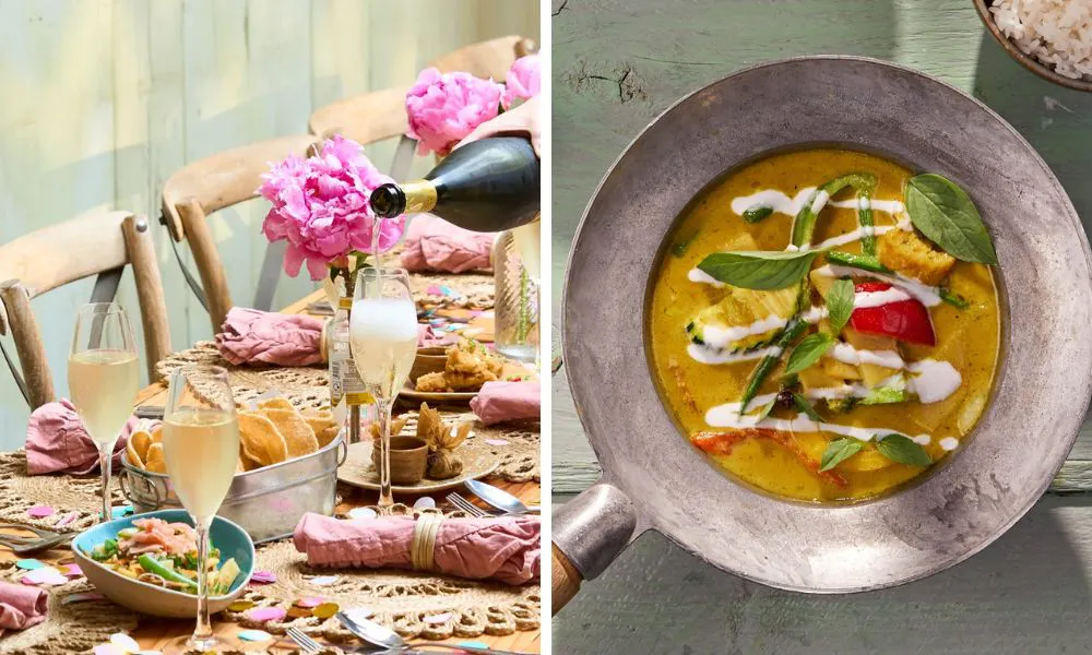 banquet table with glasses of prosecco and thai green curry