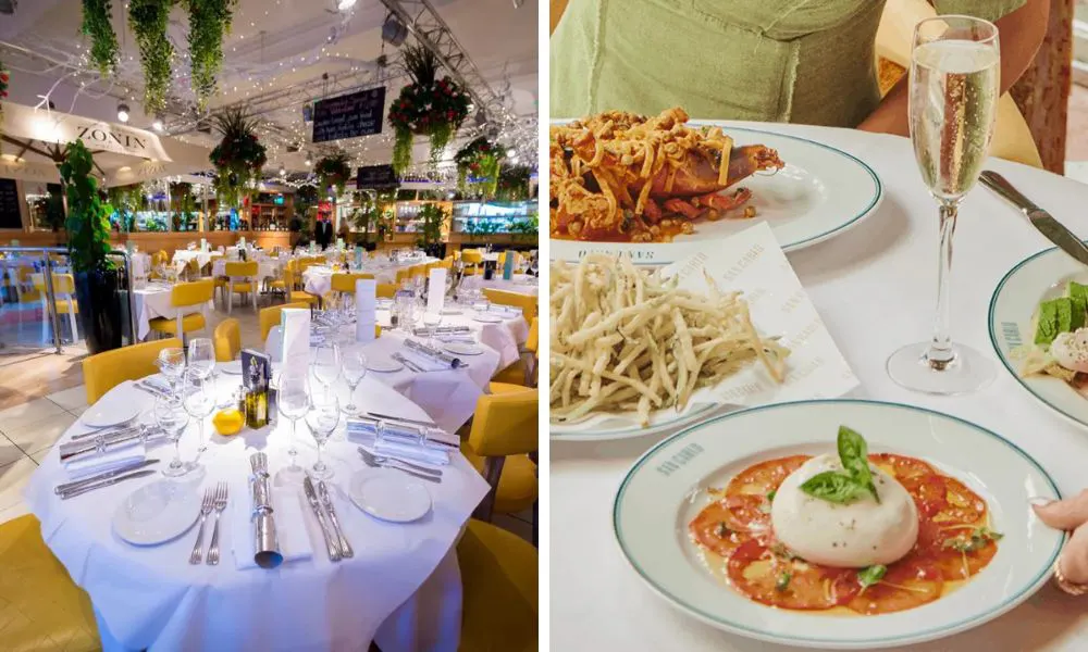 dining room with yellow chairs and italian starters with burrata and prosecco