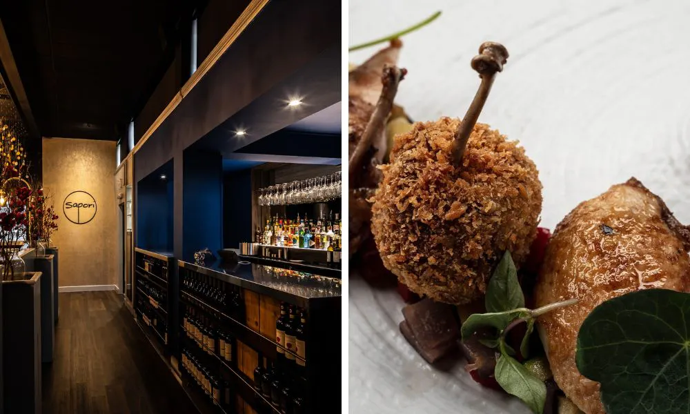 bar area in restaurant and croquettes with chicken