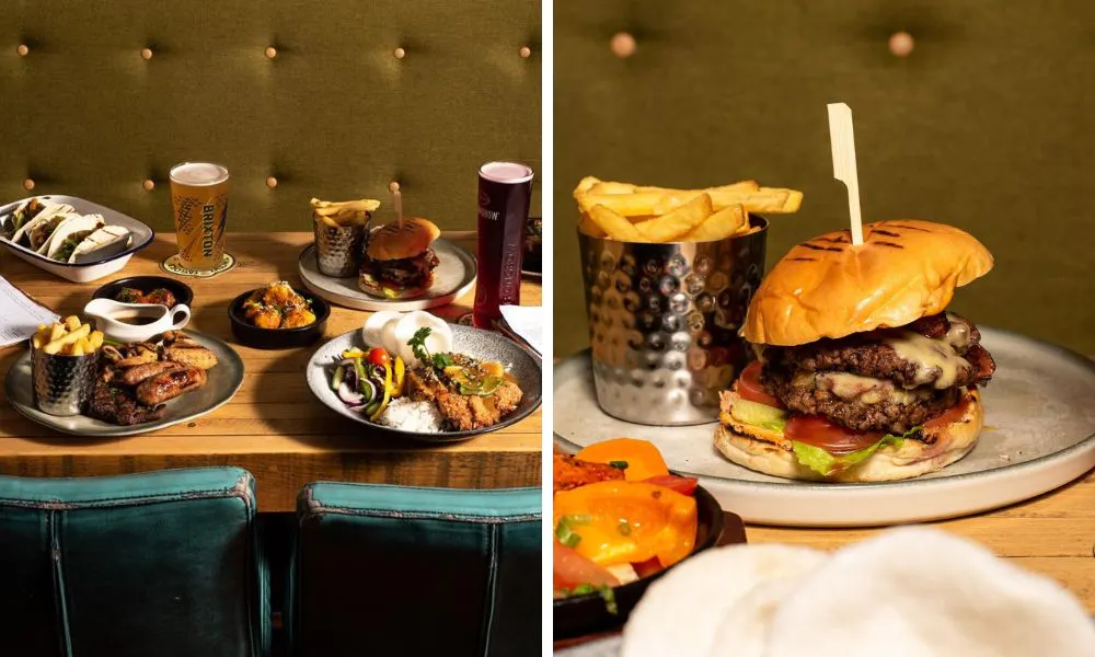 range of pub mains with pints of beer and beef burger with chips