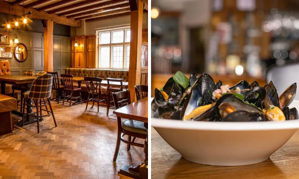 downstairs bar in pub and mussels in a bowl
