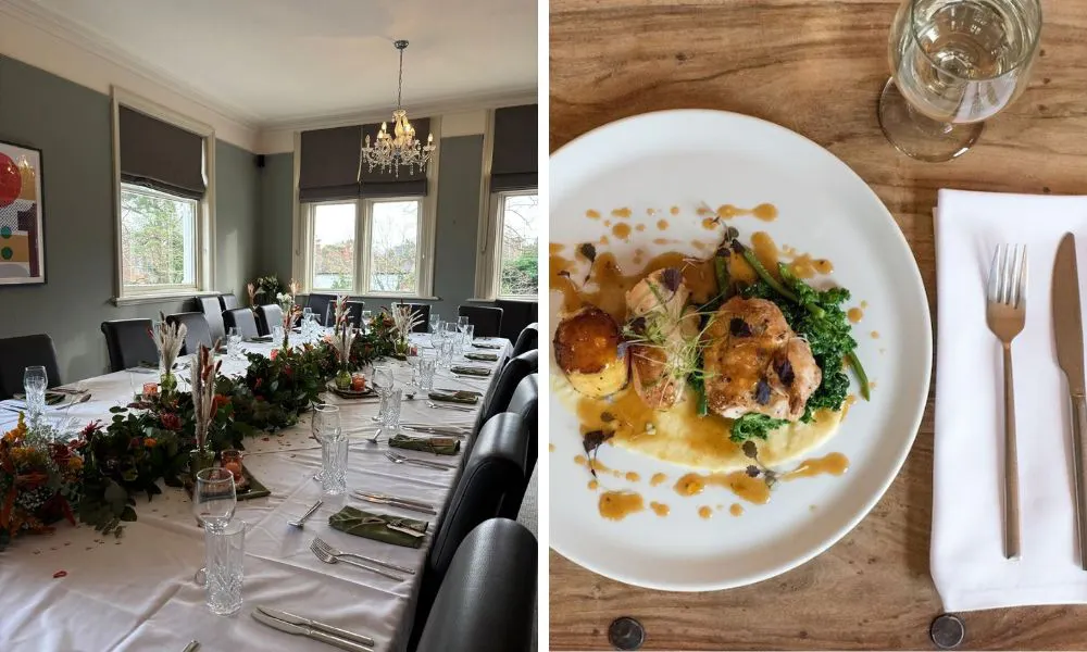 banquet table with floral centrepiece and chicken with potato and veg