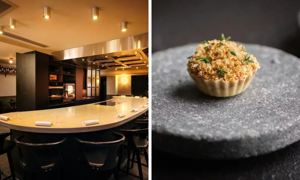chef's table and canape tartlet with sprigs