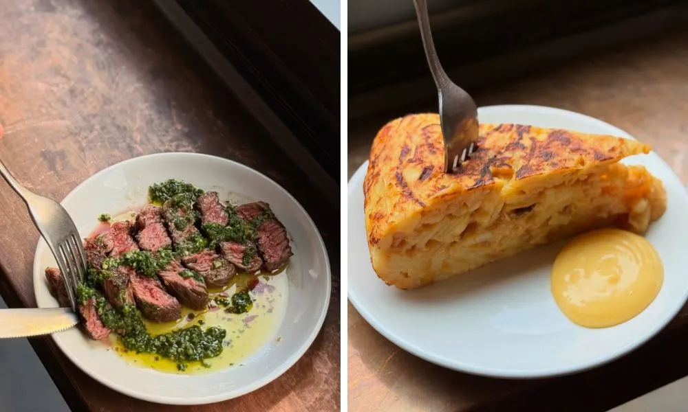 bavette steak with oil and chimichurri and spanish omlette with mayo