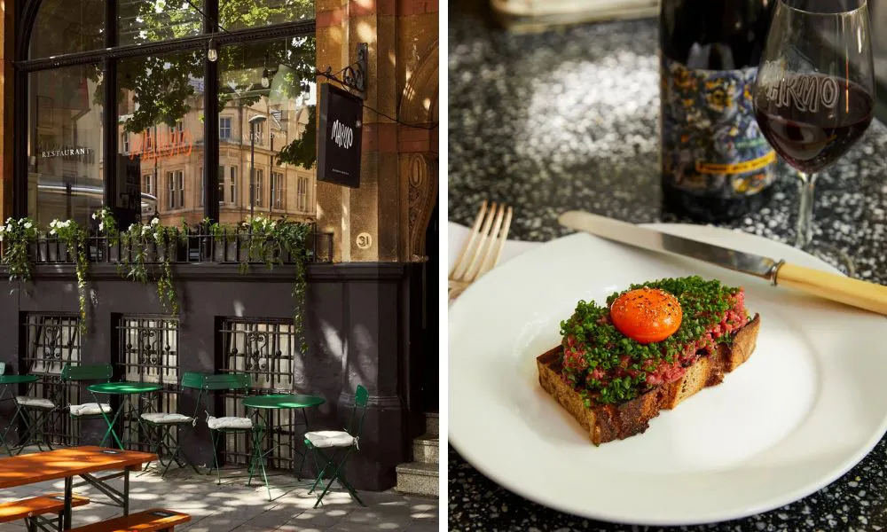 outdoor bistro tables and beef tartare on toast with red wine