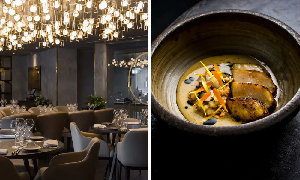 restaurant with feature ceiling light and chicken with jus