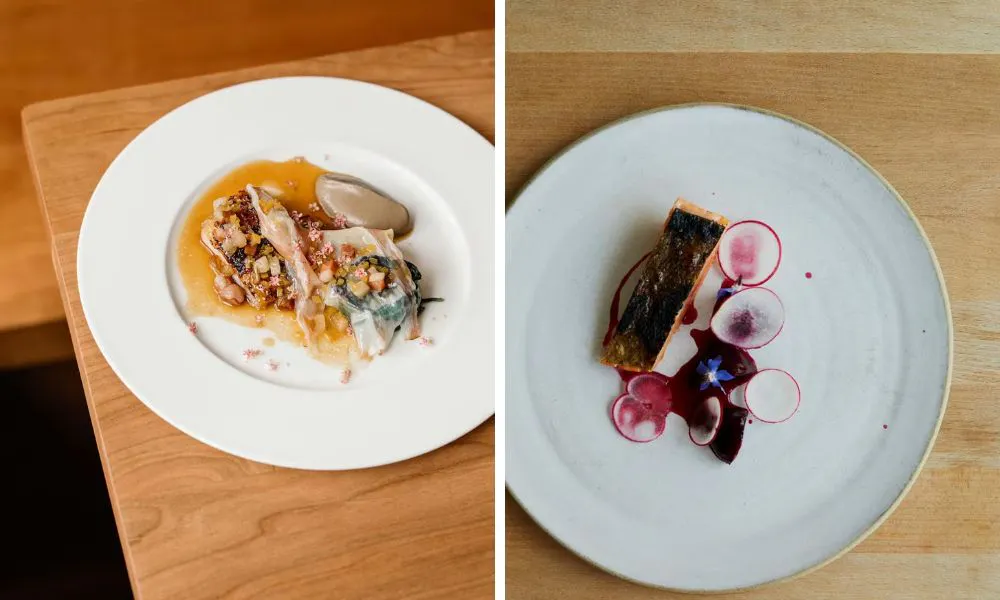 lardo with jus and edible flowers and salmon fillet with radishes