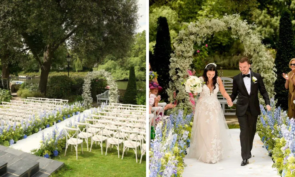 a couple getting married in a elegant, riverside setting
