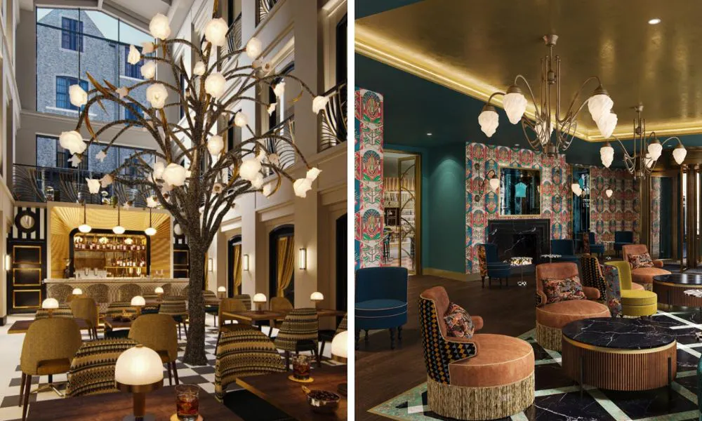 dining hall with tree centrepiece and reception area with lounge seating