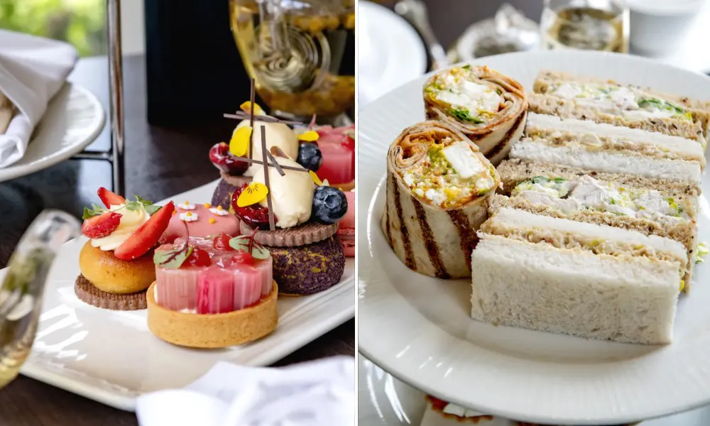 close up shots of cake and sandwiches