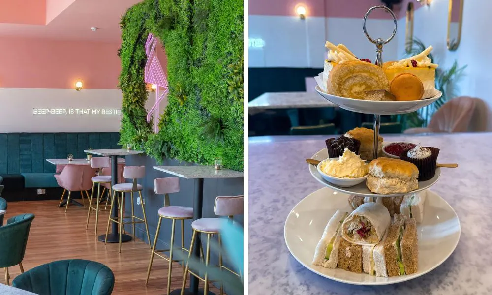 modern restaurant with pink high stools and afternoon tea stand