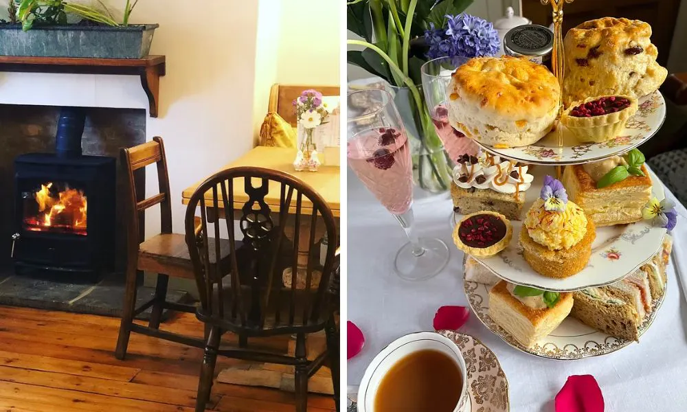 table and chairs by a fire and afternoon tea stand