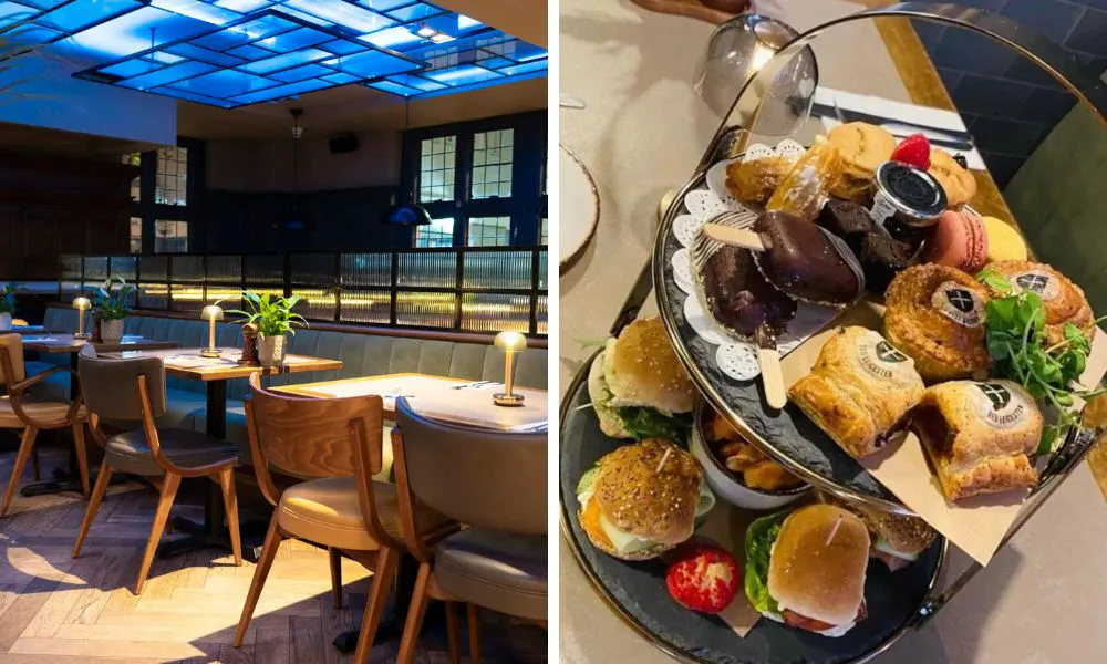 modern restaurant dining room and afternoon tea stand