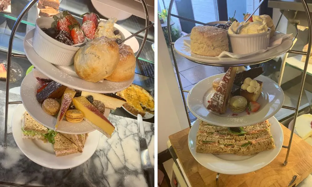 afternoon tea with three stands of sweet and savoury
