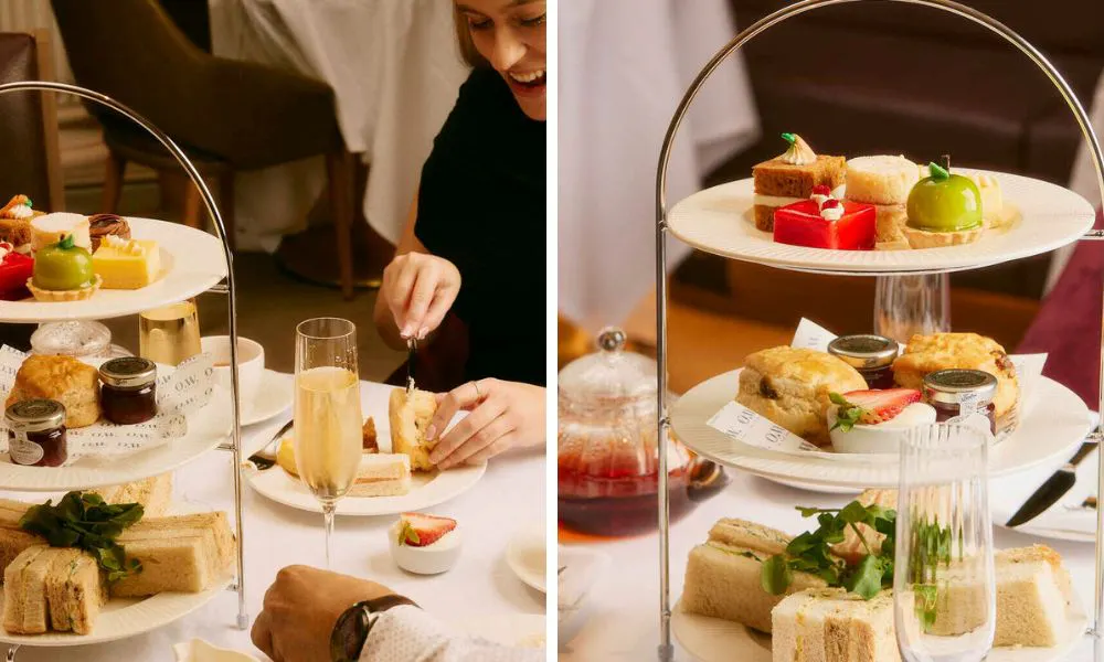 afternoon tea stand with glass of champagne