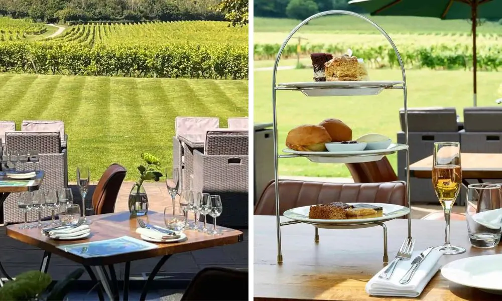table overlooking vineyard and three tiered afternoon tea with wine