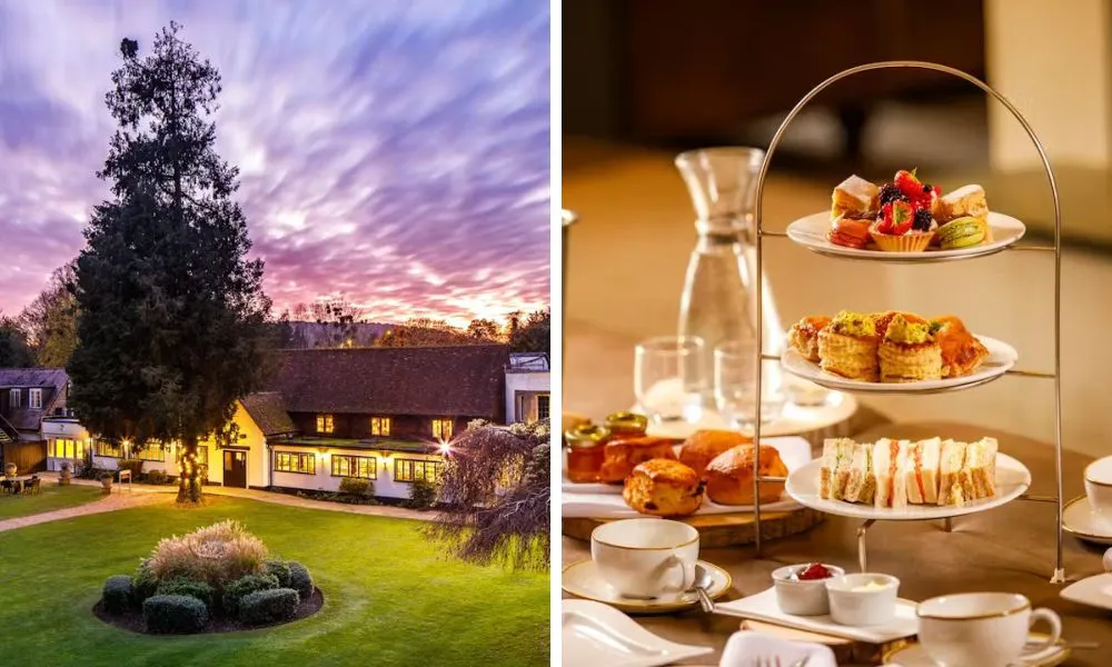 hotel at night and three tiered afternoon tea with cups of tea