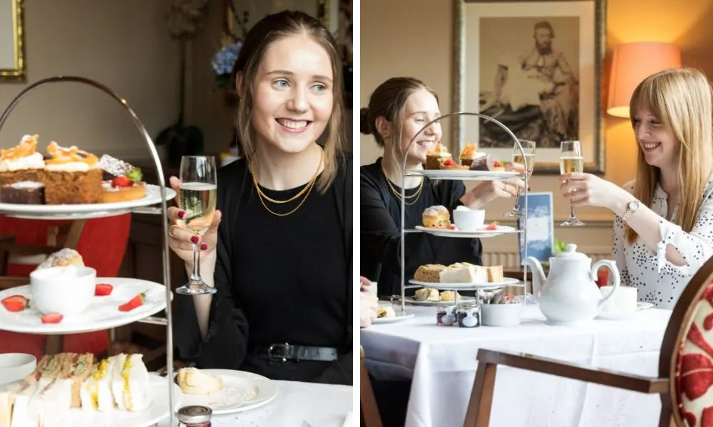 two women enjoying afternoon tea with glasses of champagne