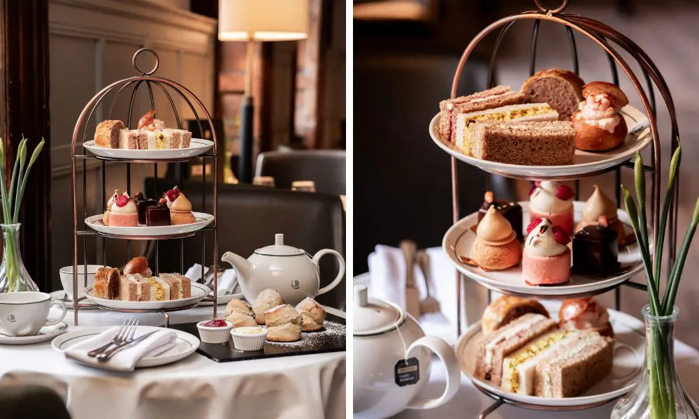 three tiered afternoon tea with teapot and scones with jam and cream