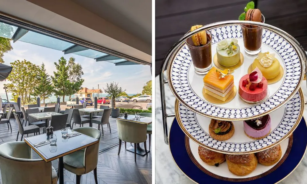 restaurant terrace with outdoor seating and three tiered afternoon tea