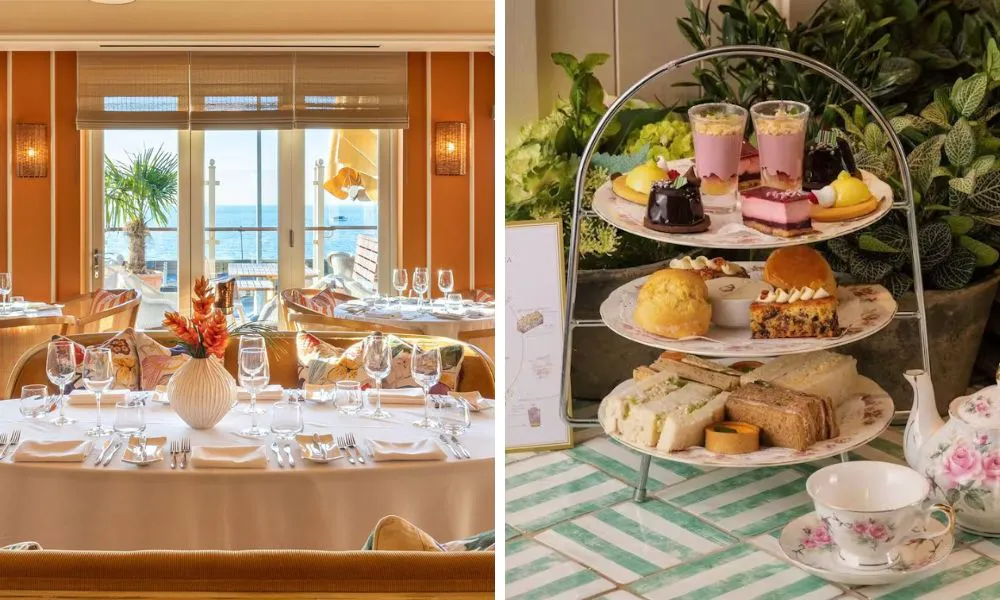 waterside restaurant and three tiered afternoon tea stand