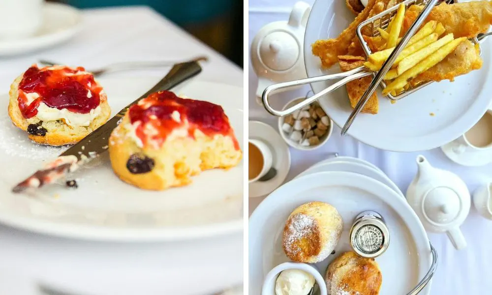 scone with cream and jam and fish and chips