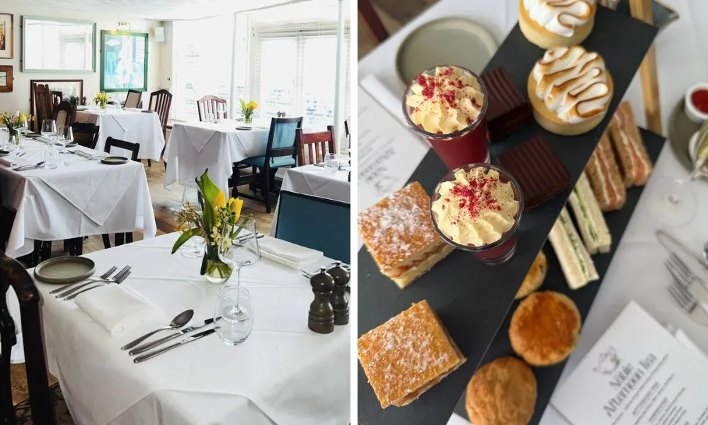 dining room with white tablecloths and afternoon tea stand