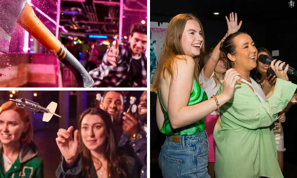people taking part in various activities including darts, axe throwing and karaoke