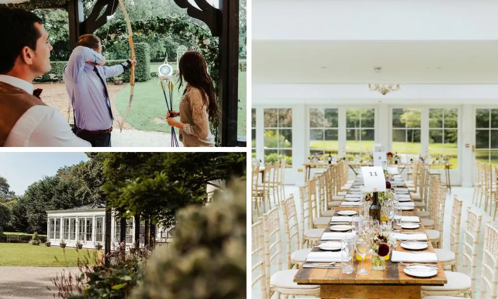 someone doing archery, and exterior and interior shots at Hayne House