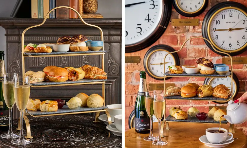 glasses of prosecco and afternoon tea stand of savoury treats and scones