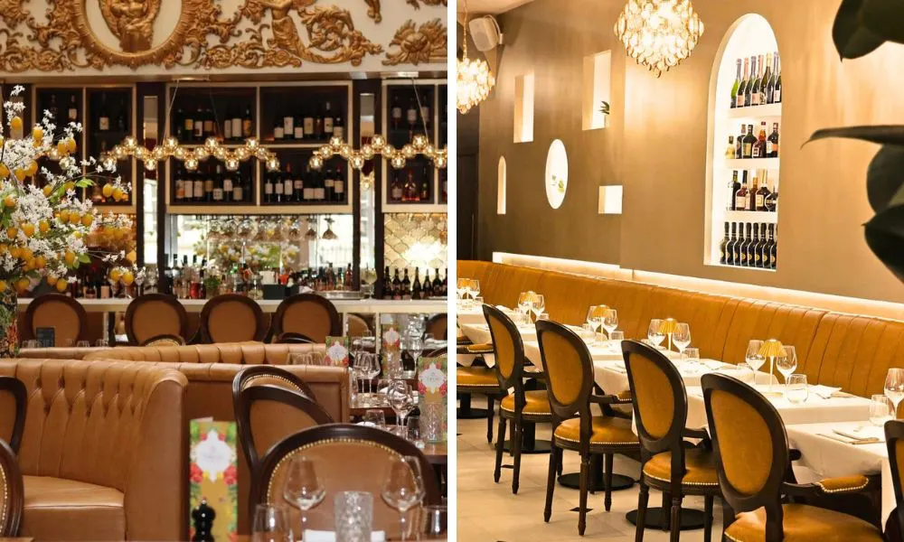 an elegant restaurant dining room with ornate details and a lemon tree