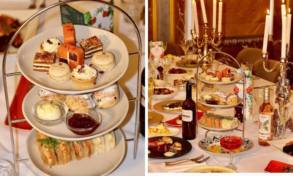 stand of afternoon tea surrounded by cocktails and bottles of wine
