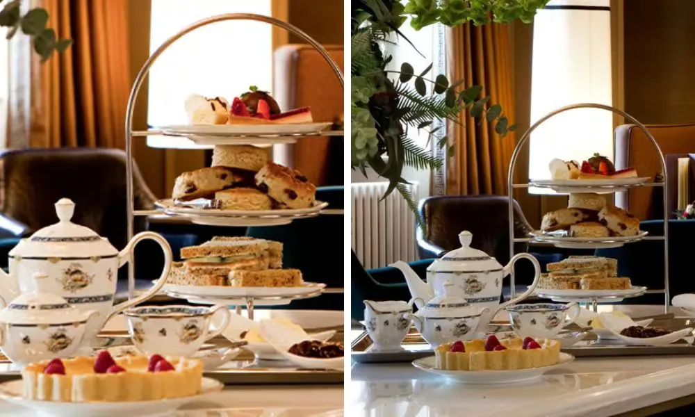 afternoon tea stands on a white-clothed table with elegant crockery