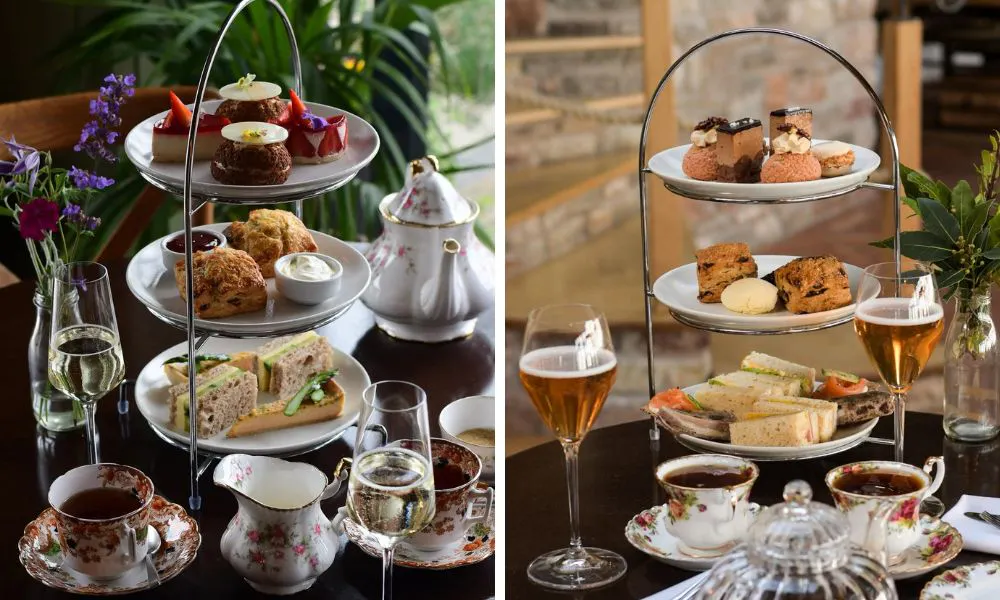 idyllic afternoon tea stands with tea served in floral crockery