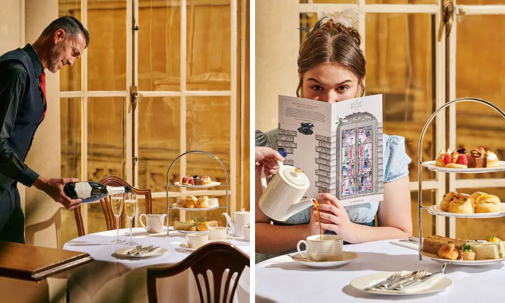 Prosecco and tea being poured at an afternoon tea