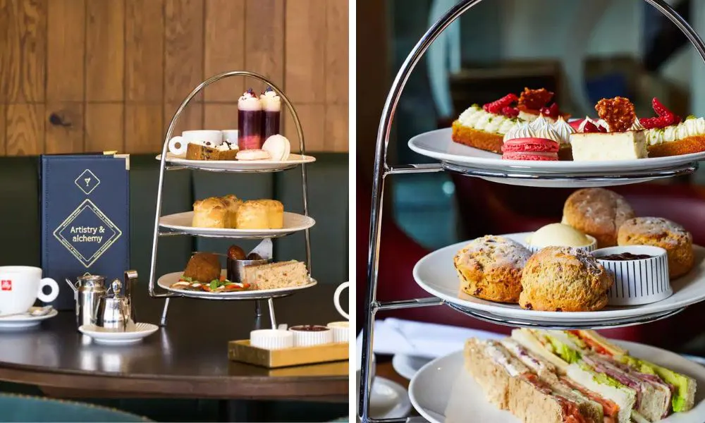 three tiered afternoon tea with sandwiches scones and sweets