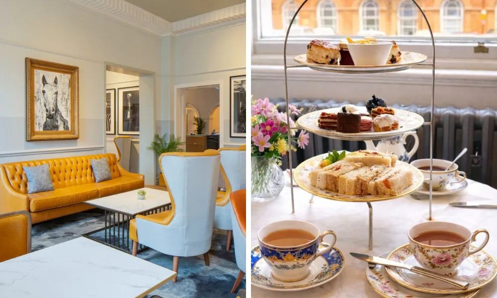 yellow furniture in hotel lounge and three tiered afternoon tea with tea cups