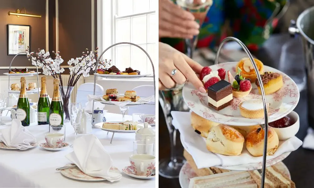 afternoon tea with bottles of champagne and three tiers of sweet and savoury