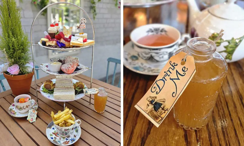 three tiered afternoon tea with chips and drink me potion