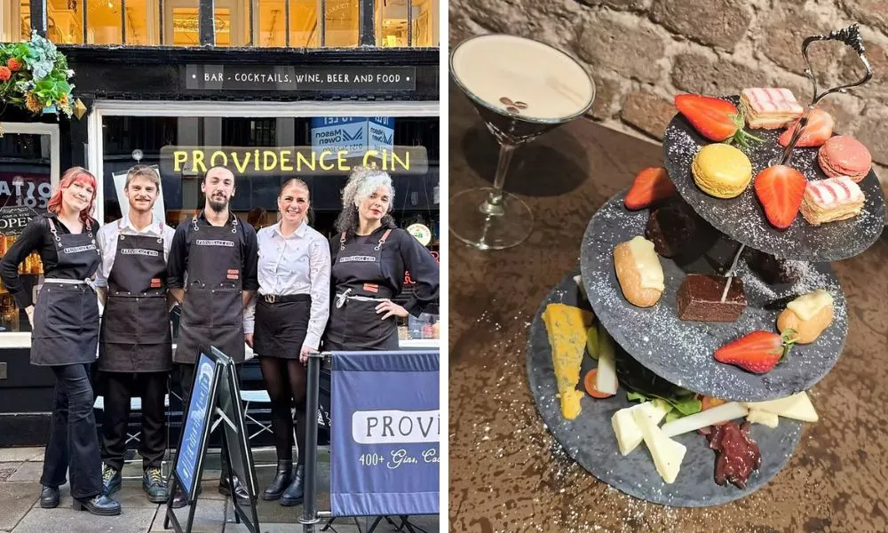 staff outside the front of a gin bar and three tiered afternoon tea with espresso martini