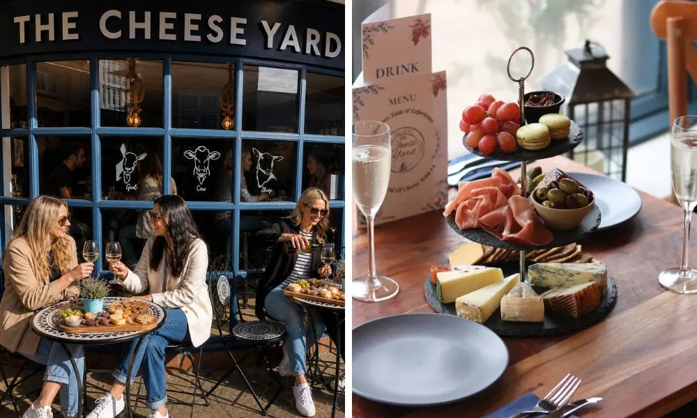 women enjoying cheese board outside restaurant and three tiered savoury afternoon tea