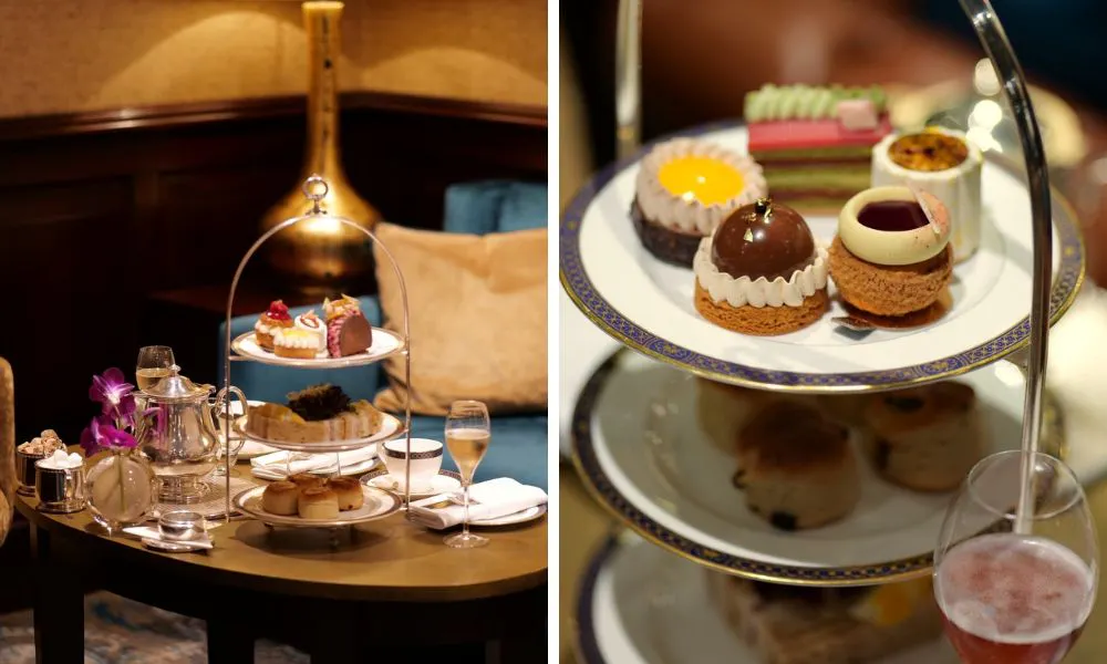 three tiered afternoon tea with teapot and glasses of champagne
