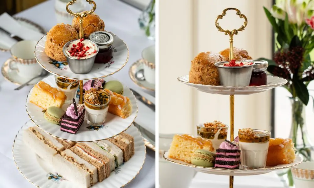 three tiered afternoon tea with sandwiches scones and sweet treats