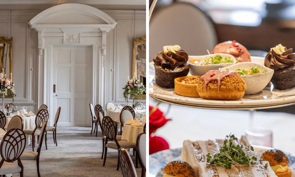 an elegant dining room, and a close up shot of afternoon tea cakes