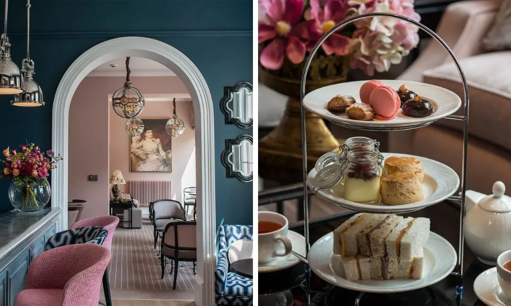elegant pink and blue dining room interiors and a three-tiered afternoon tea stand