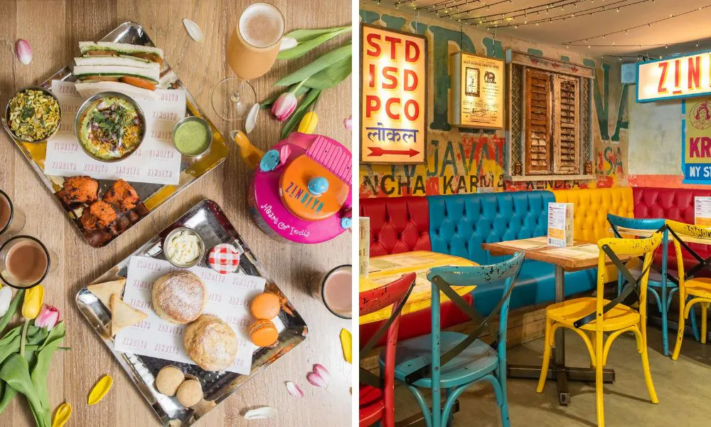 Zindiya's high chai set up and colourful restaurant interiors