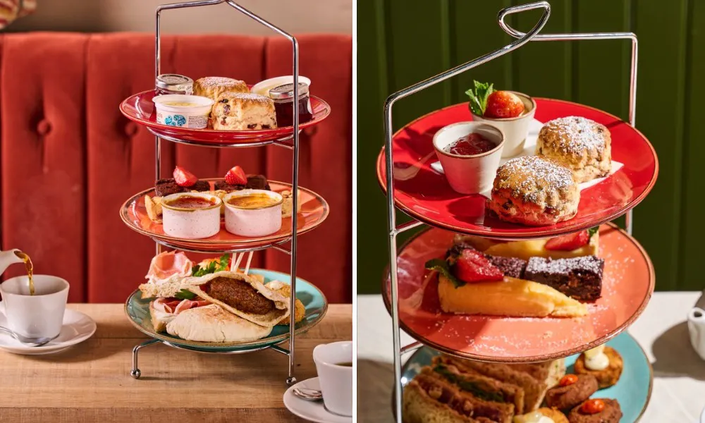 Cakes and sandwiches on stand