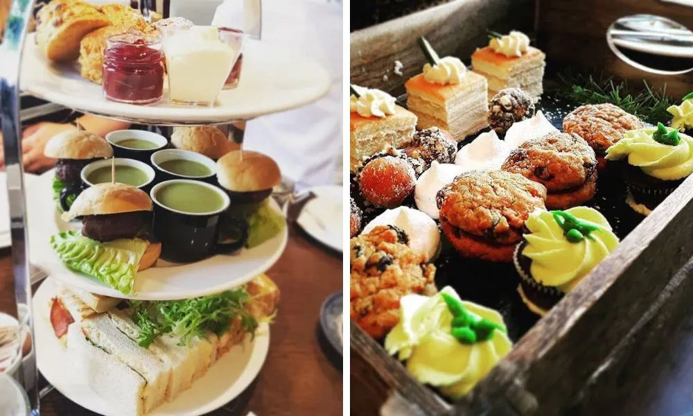 three tiered afternoon tea and tray with cupcakes and sweets