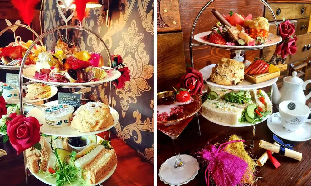three tiered afternoon tea with cocktails and tea