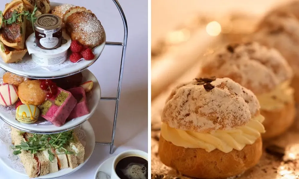 three tiered afternoon tea with eclairs